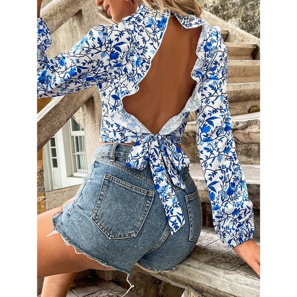 Boho Gypsy Dreamer Tops - Open back cutout Floral Print Lantern Sleeve Tie Backless Crop Blouse blue boho